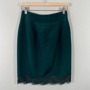 Vtg Anya For Neiman Marcus Emerald Green 100% Silk Lace Trim Pencil Skirt Size 6